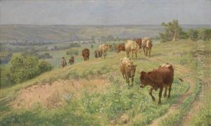 Rinderherde Und Hirte In Einer Hugellandschaft by Stefan Simony