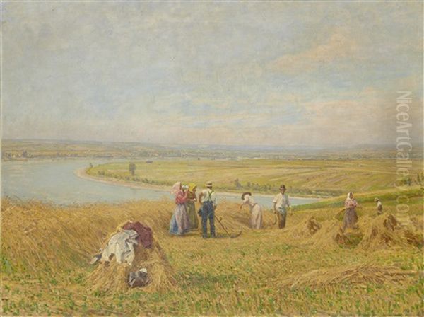 Harvesters At Work With An Extensive River Landscape Beyond - view 1