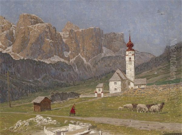 Blick Auf Die Kirche Colfosco Am Grodner Joch Mit Sellagruppe Im Hintergrund - view 1