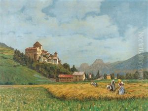Berglandschaft Mit Schlossanlage Und Feldarbeiterinnen