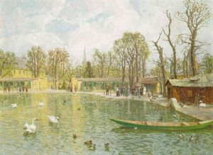 Figures By A Pond In The Zoo At Schonbrunn by Stefan Simony