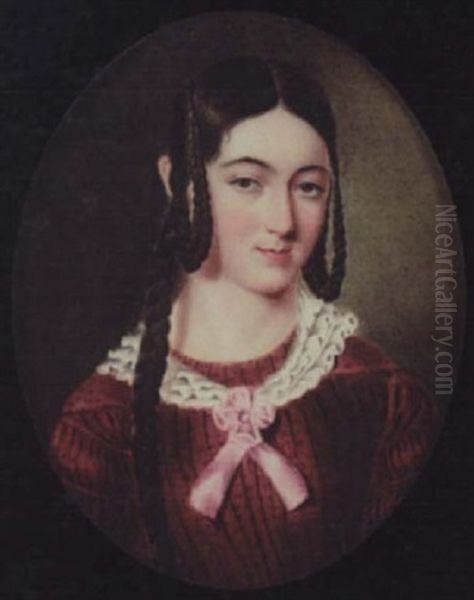 Miss Jane Wright Wearing Burgundy-coloured Dress And White Frilled Collar Tied With Pink Ribbon - view 1