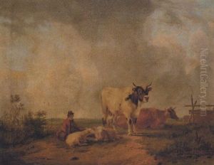 A Drover Resting With Sheep And Cattle In A Meadow by John Simpson