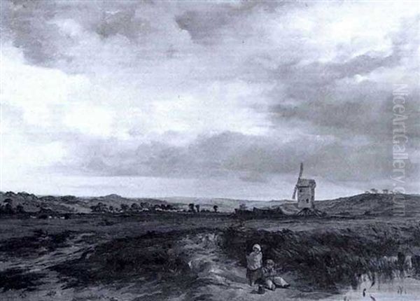 Children Fishing, A Windmill Beyond - view 1