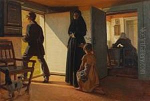 A Young Girl Begging Her Parents For Forgiveness by Knud Sinding