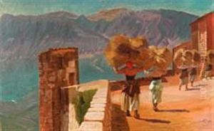 Italian Landscape With Women Bringing Home The Harvest by Knud Sinding