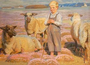 Blonder Knabe Als Schafhirte In Besonnter Landschaft Blonder Knabe Als Schafhirte In Besonnter Landschaft