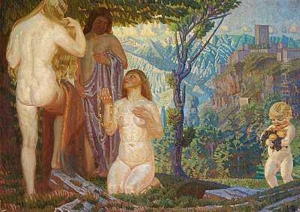 Italiensk Landskab Med Tre Kvinder, Der Beundrer Klaedningsstykker Og En Halskaede, Medens En Putto Bringer Frugt - view 1