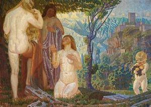 Italiensk Landskab Med Tre Kvinder, Der Beundrer Klaedningsstykker Og En Halskaede, Medens En Putto Bringer Frugt