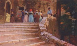 Folkeliv Pa En Trappe I Den Lille Italienske Bjergby Civita D'antonio by Knud Sinding
