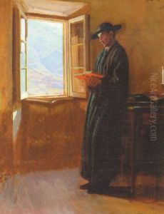 Laesende Munk Ved Abent Vindue Med Udsigt Mod Italiensk Landscab by Knud Sinding
