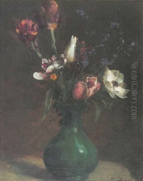 Tilpen, Anemonen Und Vergismeinnicht In Gruner Vase - view 1