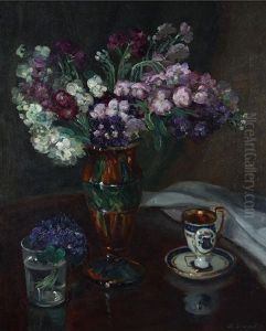 Still Life With Flowers, Tea Cup And Glass by Nicolas Sinezouboff