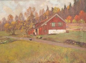 Autumnal Farm Sceen, Red Barn With Chickens by Andreas Singdahlsen