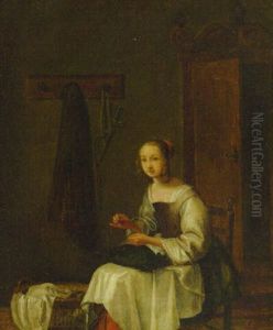 A Woman Sewing In An Interior by Pieter Corneliz van Singelandt