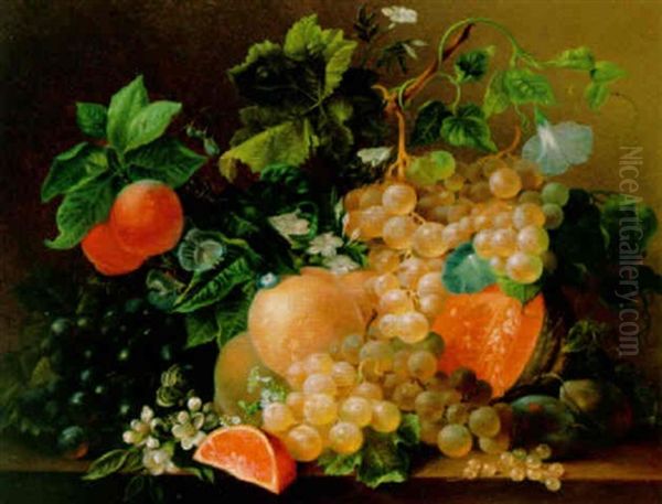 A Still Life With Grapes, Peaches And Flowers On A Marble Ledge - view 1