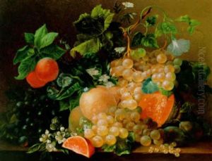 A Still Life With Grapes, Peaches And Flowers On A Marble Ledge