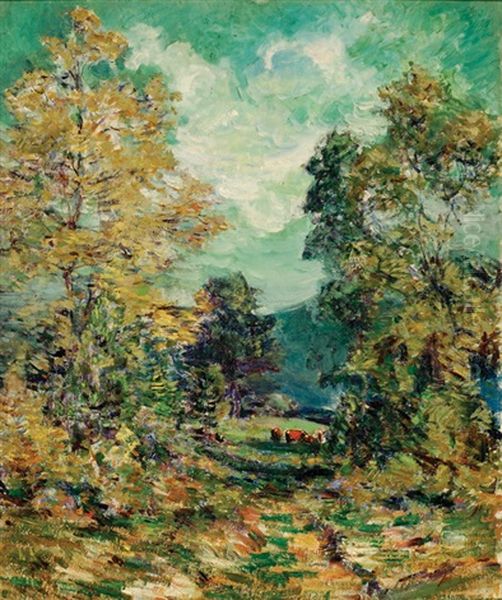 Mountain Landscape With Trees And Cows - view 1