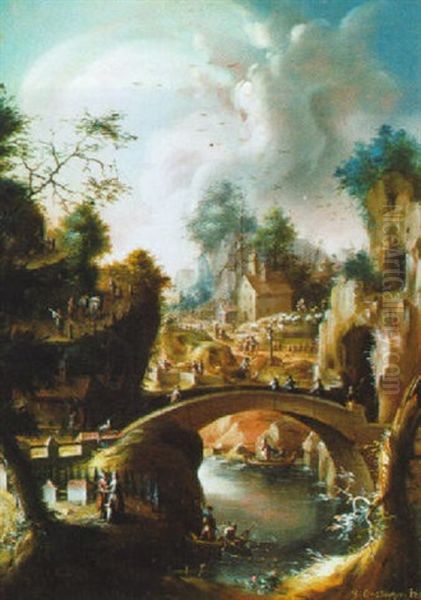 Gebirgslandschaft Mit Einem Flus Und Bogenbrucke Sowie Figuren - view 1