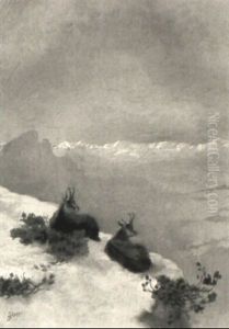Schneebedeckte Bergspitze Mit 2 Gemsen by Albert Singer
