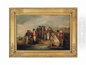 Infantry Officers And Elegantly-dressed Gentlemen With Women And Children On A Beach, Other Figures Loading Boats On The Shore, A Battle By A Fort Beyond