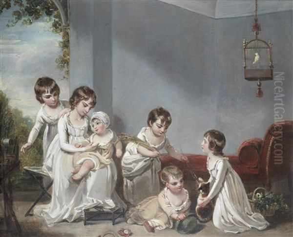 Children Playing With A Cat In An Interior, A View To A Garden Beyond - view 1