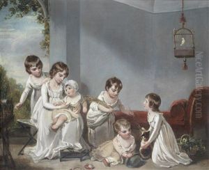 Children Playing With A Cat In An Interior, A View To A Garden Beyond