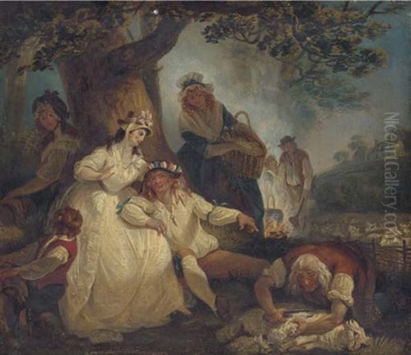 Rustic Scene With An Amorous Couple And Sheep Shearers - view 1