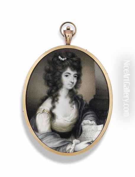 A Young Lady Called Mrs Robinson, In White Dress With Blue Shawl, Seated Reading A Letter - view 1