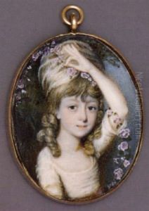 A Young Girl Holding A Garland Of Pink Roses And Foliage Above Her Head In Her Left Hand, In White Dress, Brown Sash, White Turban In Her Long Curled Hair by William Singleton