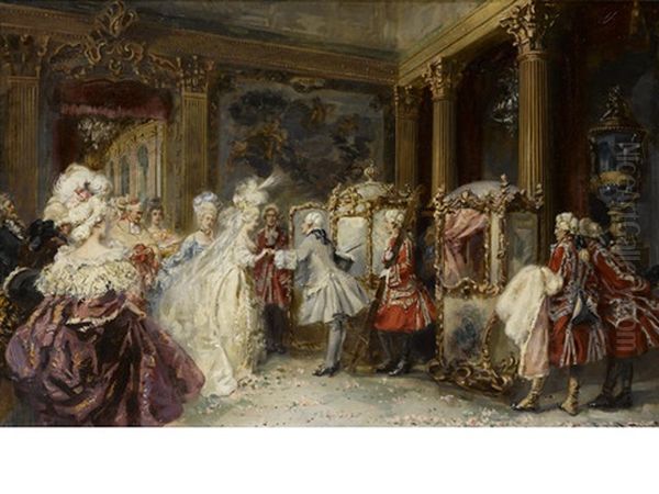 Elegant Figures Entering Sedan Chairs In An Interior - view 1