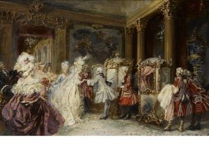Elegant Figures Entering Sedan Chairs In An Interior by Jean-Paul Sinibaldi