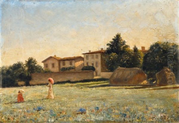 Femmes A L'ombrelle Dans Une Prairie - view 1
