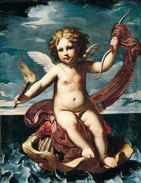 Cupid, Holding A Flaming Torch And Bow, Seated On A Shell - view 1