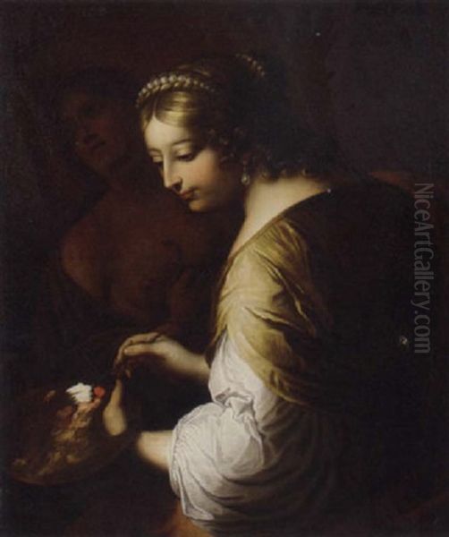 Portrait Of An Artist Painting The Death Of Cleopatra by Elisabetta Sirani