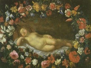 Schlafender Putto In Einem Blutenkranz by Elisabetta Sirani