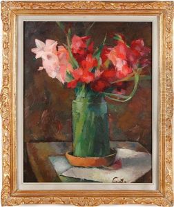Still Life With Flower Bouquet In A Green Vase