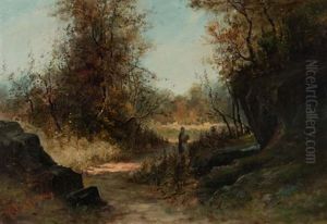 An Untitled French School Composition Of A Figure On A Woodland Path Through A Passage Way by Achille Sirouy