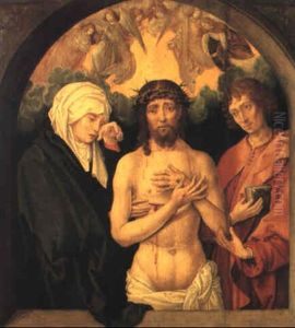 The Man Of Sorrows With The Virgin And St. John The Evangelist by Michiel Sittow