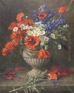 Blumenstillleben Mit Klatschmohn, Rittersporn Und Margeriten