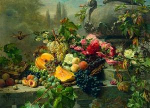 Fruchte- Und Blumenstillleben Mit Vogeln In Parklandschaft