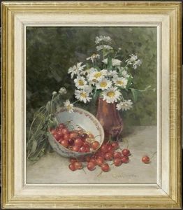 Stilleben Mit Blumen In Einer Bronzevase Und Kirschen