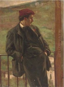Portrait Of Doctor Lepore Of Naples, Three-quarter-length, In A Burgundy Hat, A Landscape Beyond by Carlo Siviero