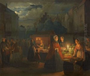 A Market Scene By Moonlight by Pieter Geerard Sjamaar