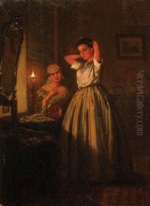 Femme A Sa Toilette A La Lumiere D'une Bougie