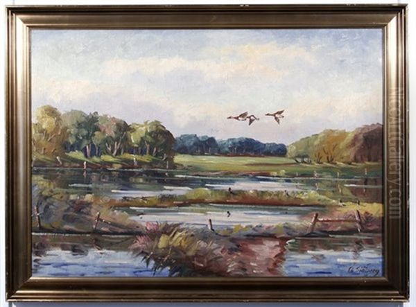 Scandinavian Landscape With Ducks In Flight - view 1