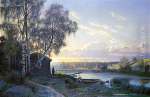 Insjolandskap Med Barn Vid Solnedgang