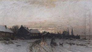 Vinter - Landskap Med Kvinna Och Hund Vinter - Landskap Med Kvinna Och Hund