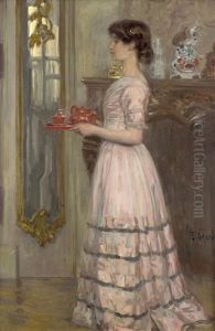 Das Rote Service (madchen Im Rosa Kleid In Einem Festsaal, Ein Tablett Mit Einem Porzellanservice Haltend) by Franz Skarbina