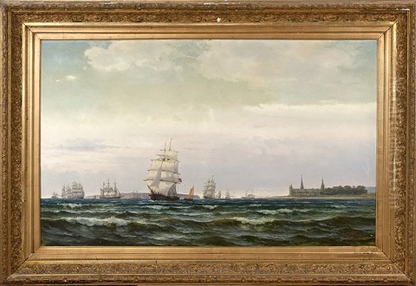 Segel- Och Angfartyg Pa Oresund Med Kronborgs Slott Och I Fonden Ven - view 1